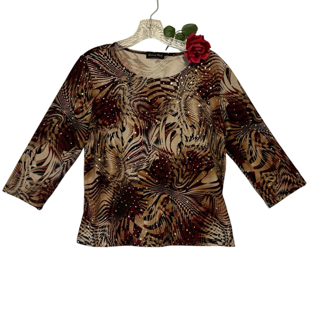 Brittany Black animal print three-quarter sleeve scoop neck top sparkles